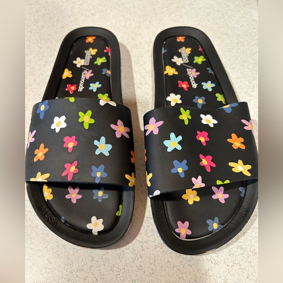 Melissa Shoes - Melissa / Larroude Black Sandals with Colorful Floral Design